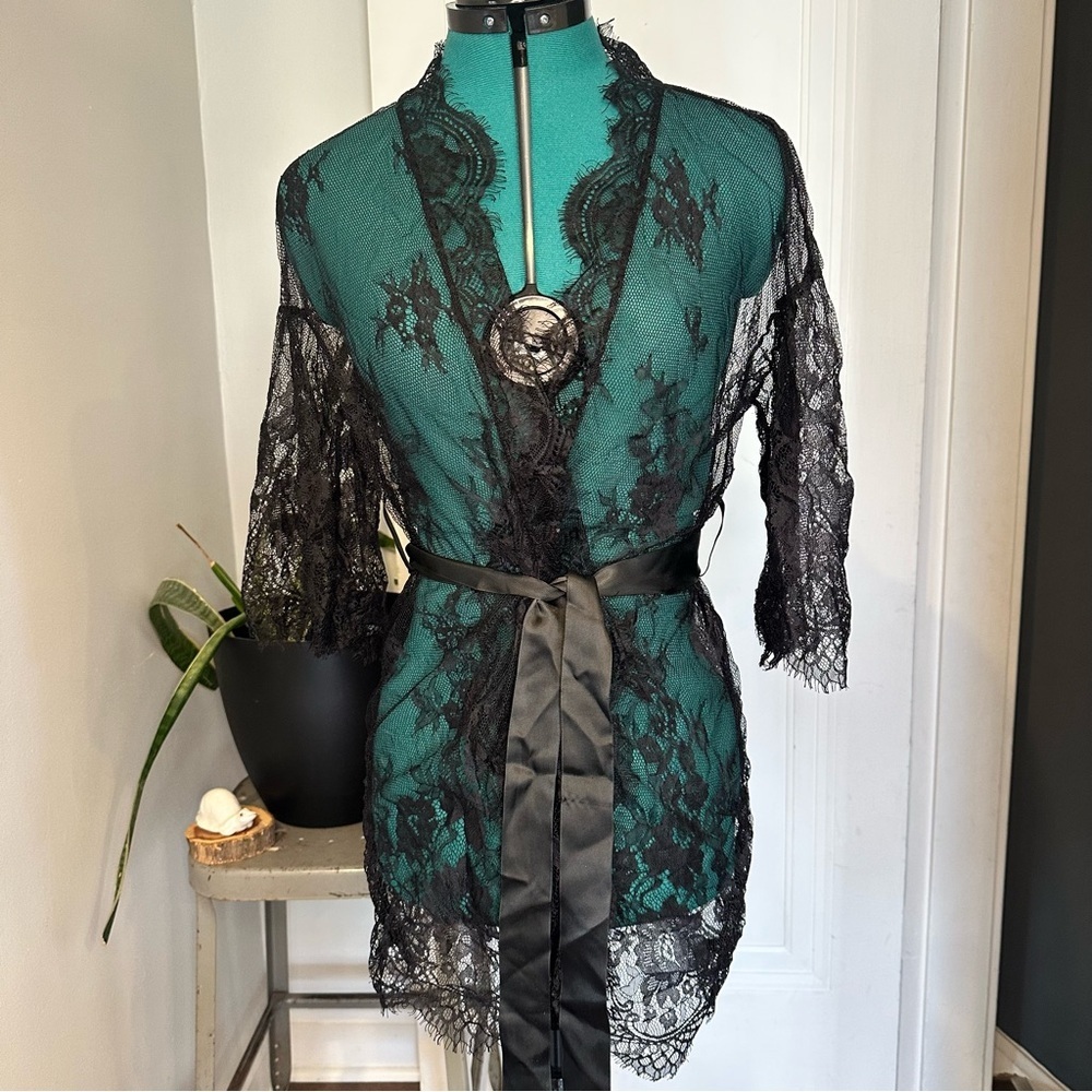 Avidlove Black Lace Kimono Robe with Satin Tie - Women Intimates & Sleepwear